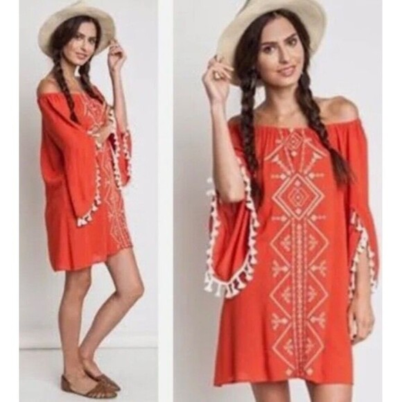 Kori Dresses & Skirts - Kori Beach Tunic Boho Tribal Cover-up 3/4 Tassel Sleeve Mini Dress Red Small